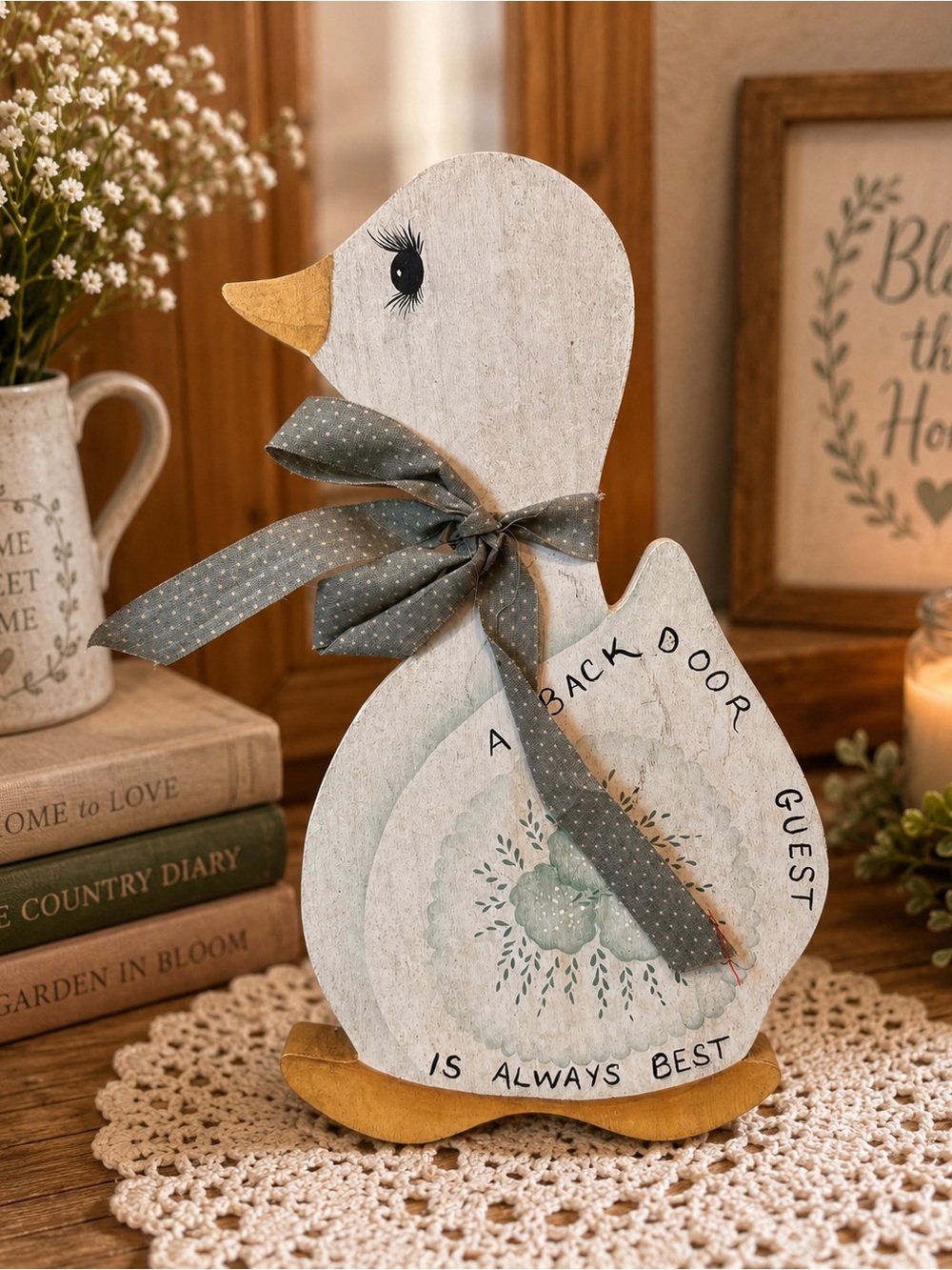 Decorative Wood Duck Figurine with Green Bow cottage core